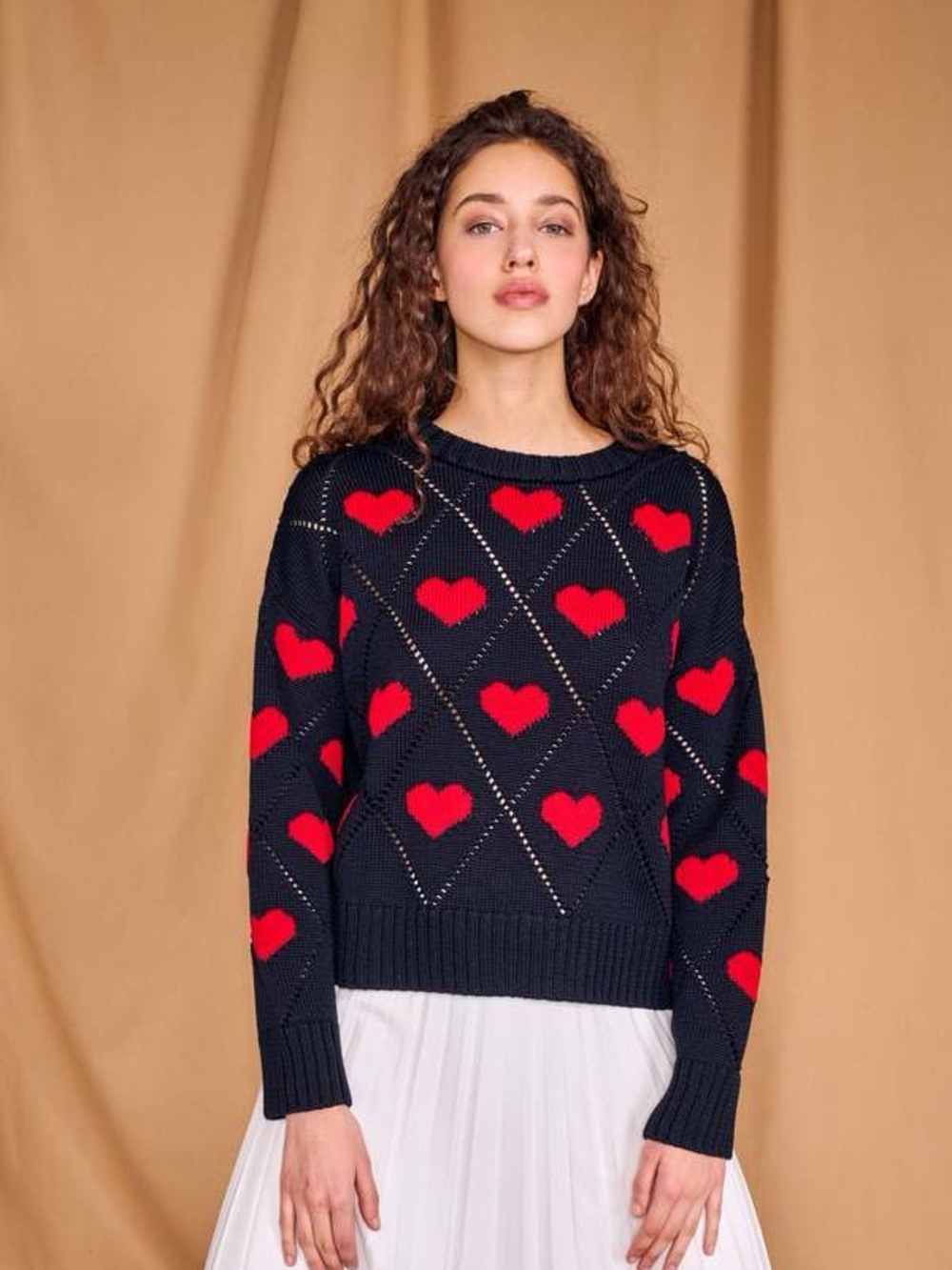 Gigi Knitwear Navy Love Crewneck Sweater with Red Heart Pattern Diamond Sz Small